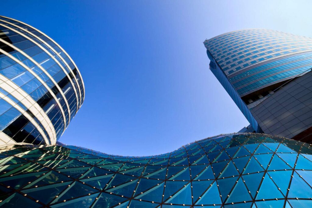 City skyline viewed from beneath