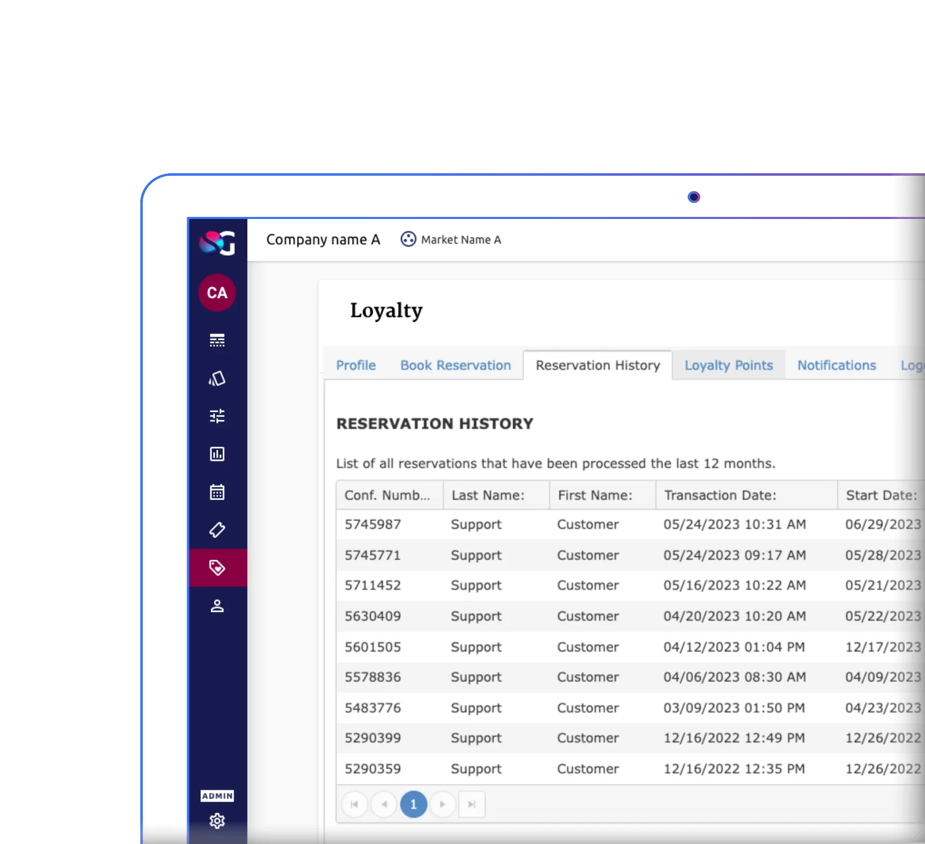 Space genius loyalty dashboard for customer management and support