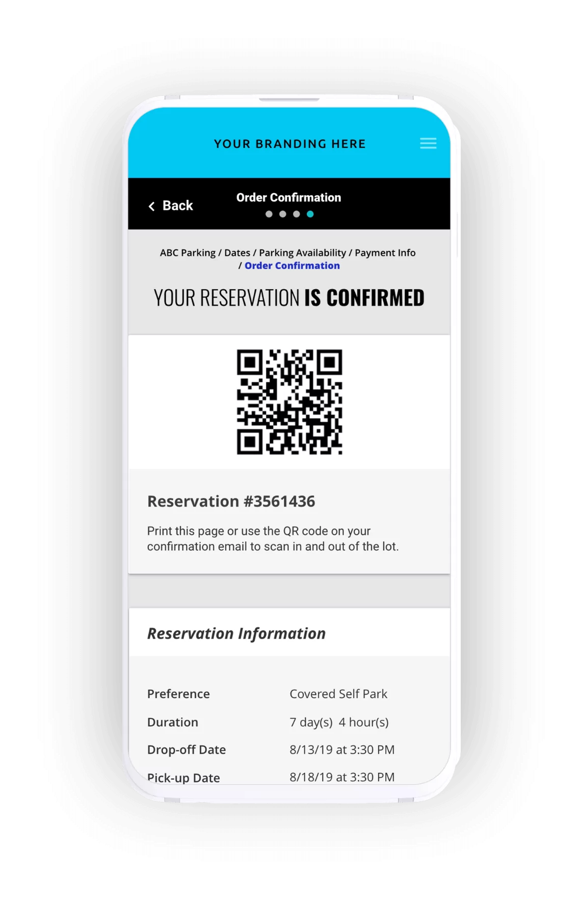 Mobile app reservation page on phone with QR reference code