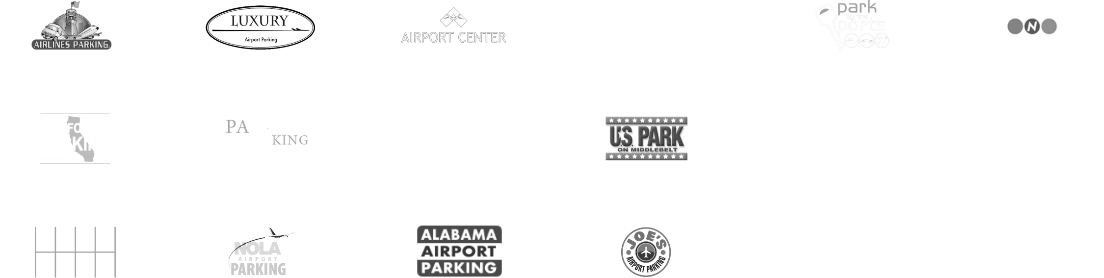 Space Genius client logos featuring California Parking, WallyPark, Alabama Airport Parking, Park n Go, Joe's Airport Parking, Airlines Parking, Quick Park, Luxury Airport Parking, Park Right, Port of Galveston, and Sunport