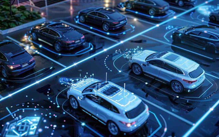llustration of an efficient parking lot equipped with advanced parking technology to increase operational efficiency.