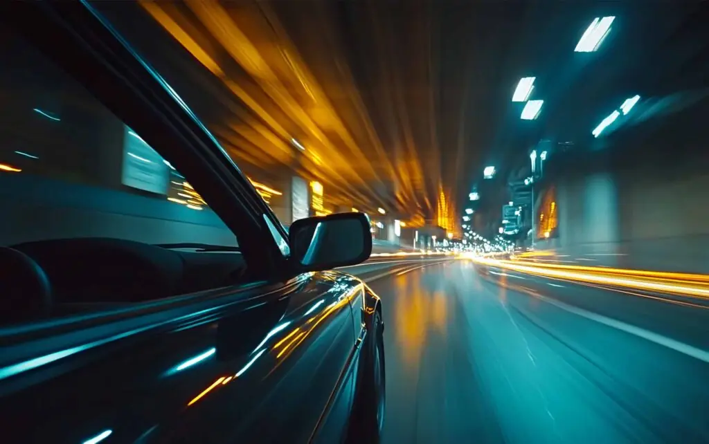 Car driving into the city after using an online parking reservation system to secure a parking spot ahead of arrival.