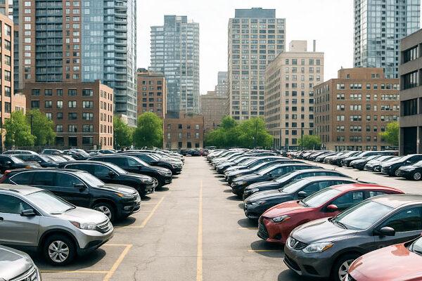 An urban parking lot with marked spaces and vehicles, illustrating organized parking lot management software in action.