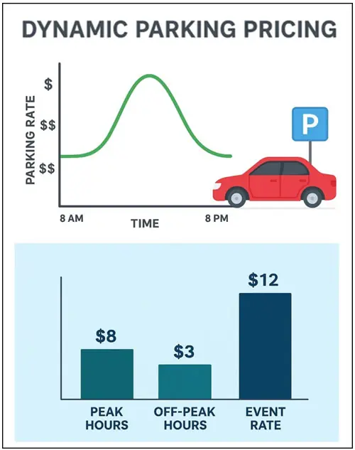 Dynamic parking image illustrates flexible rates based on demand, inventory, peak hours, events, and seasonality.